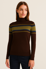 Load image into Gallery viewer, Cashmere Mix Brown, Teal and Moss Green Stripe High Neck Jumper