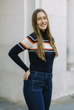 Load image into Gallery viewer, Cashmere Mix Navy, Orange and Cream Stripe High Neck Jumper