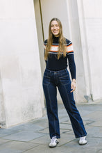 Load image into Gallery viewer, Cashmere Mix Navy, Orange and Cream Stripe High Neck Jumper