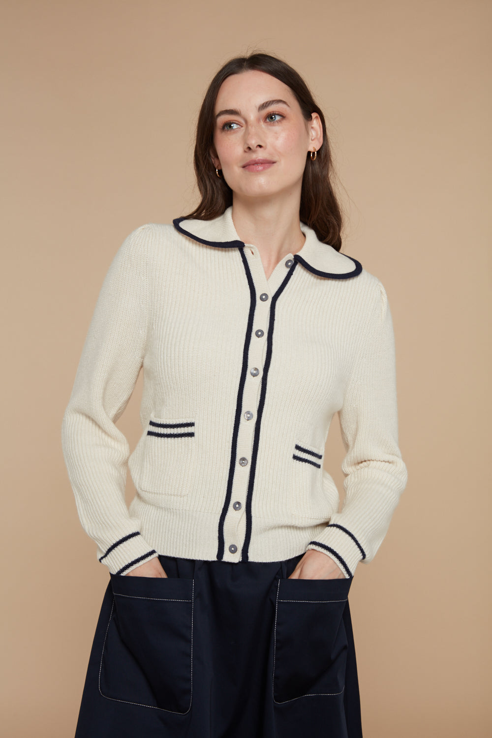 Cecila Cashmere Mix Cardigan with Collar Cream/Navy