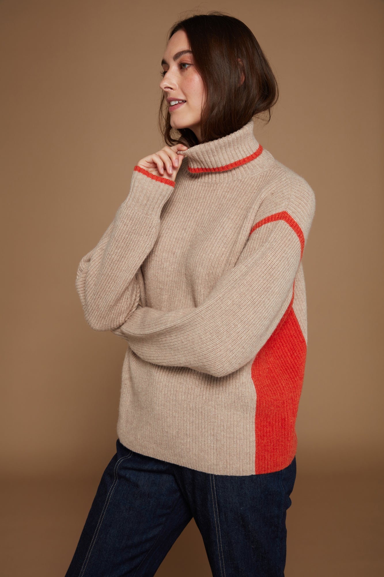 Illana Roll Neck Jumper Beige and Orange