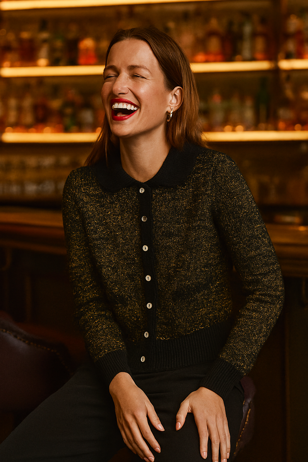 Cashmere Mix Lurex Cardigan with Collar Black / Gold