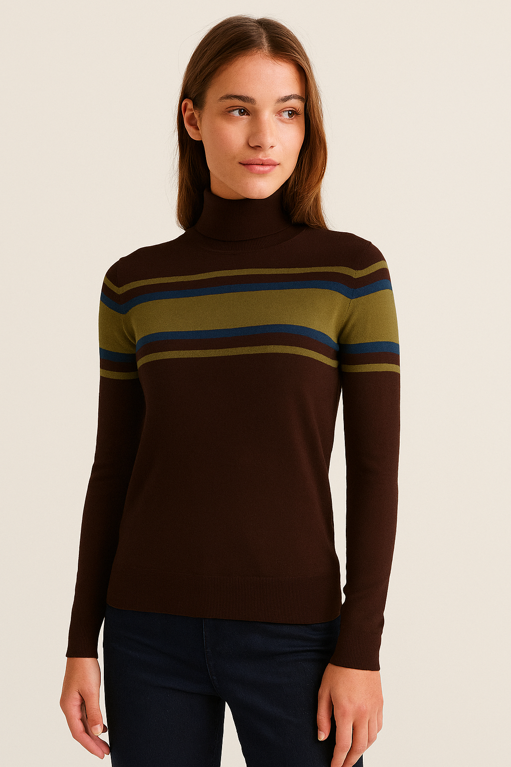 Cashmere Mix Brown, Teal and Moss Green Stripe High Neck Jumper