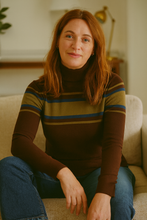 Load image into Gallery viewer, Cashmere Mix Brown, Teal and Moss Green Stripe High Neck Jumper

