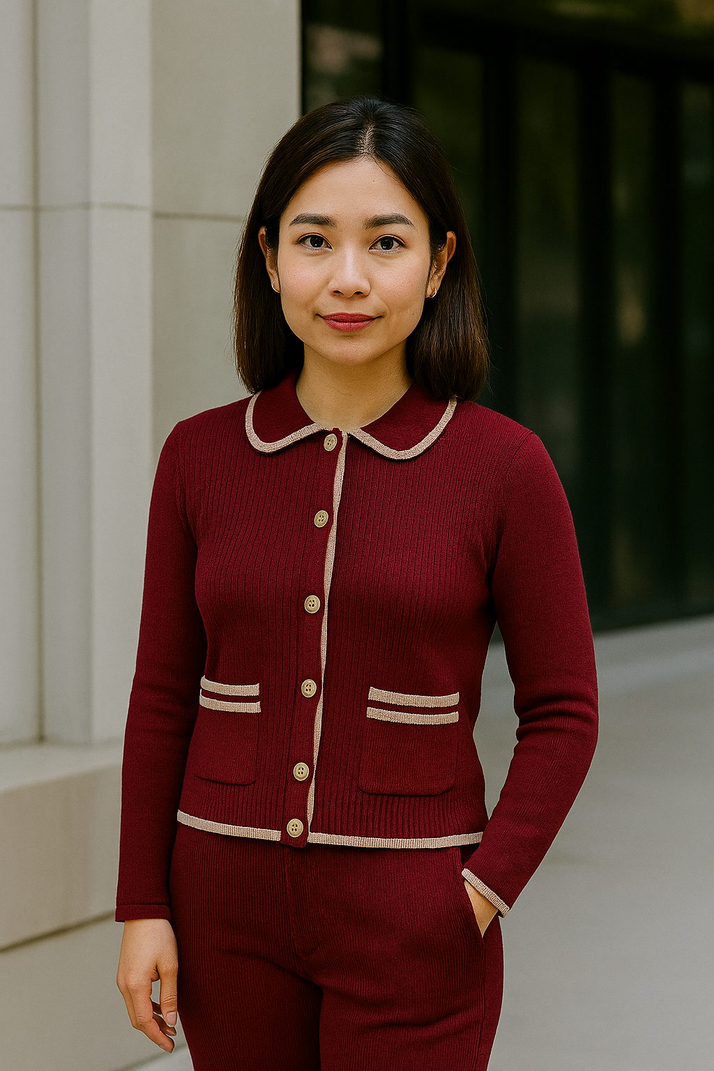Cashmere Mix Cardigan with Collar Burgundy / Cream