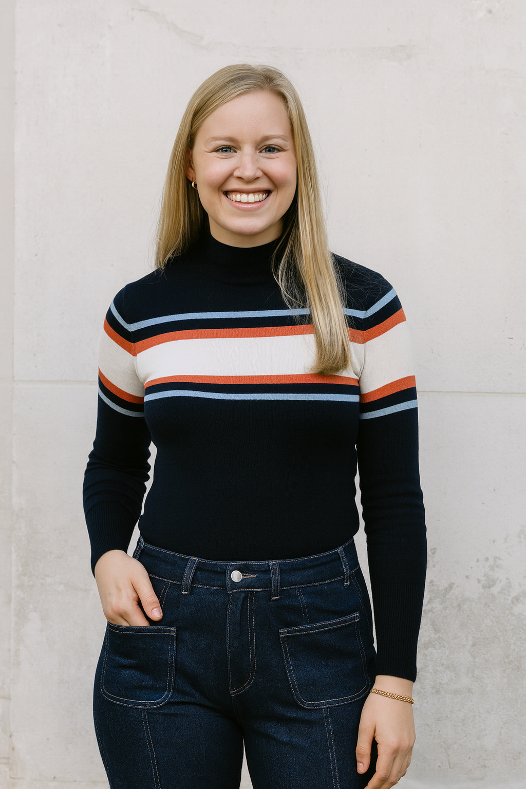 Cashmere Mix Navy, Orange and Cream Stripe High Neck Jumper